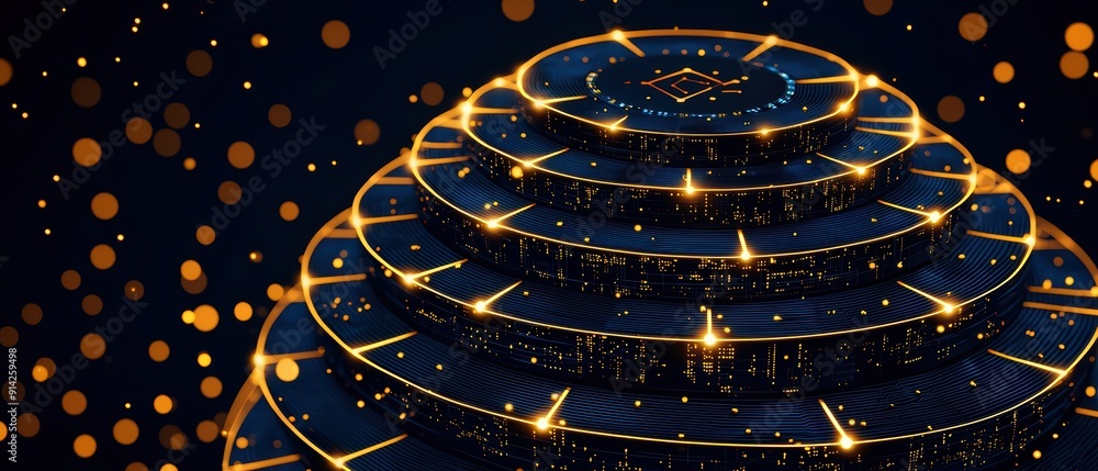 Poster abstract pattern showcasing layered rings with glowing accents and a dark background, creating a cap