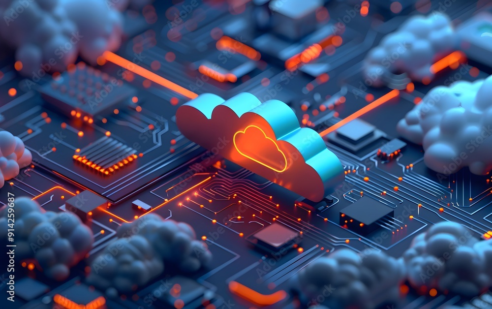 Aufkleber futuristic cloud computing concept with neon lights on circuit board, symbolizing digital technology