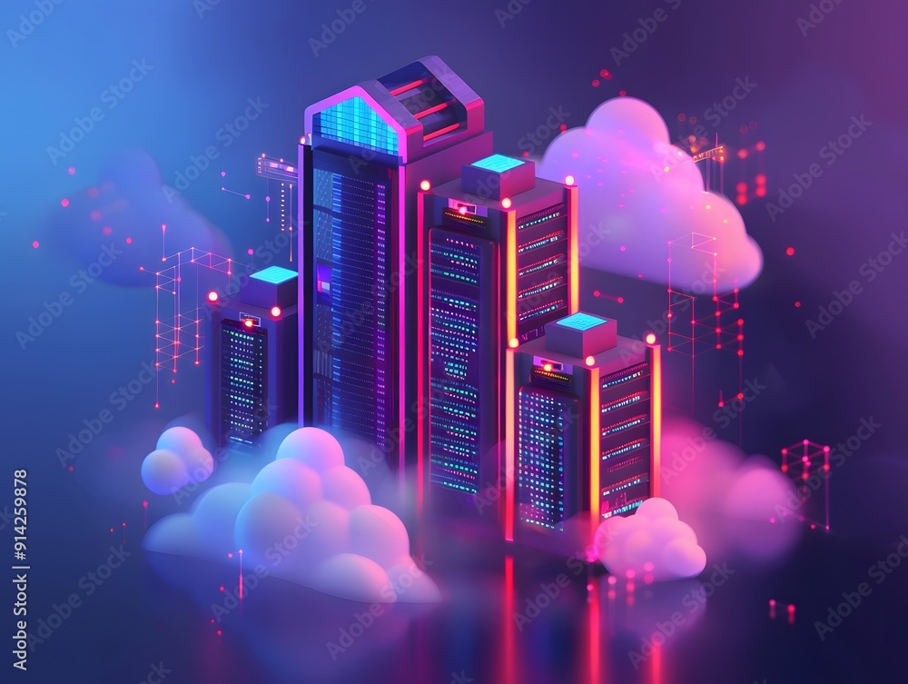Poster futuristic data servers in a digital cloud environment with vibrant neon lights and floating clouds,