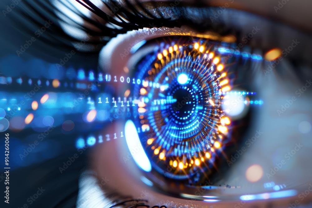 Poster a close-up view of a futuristic eye with digital effects, showcasing technology and innovation in vi