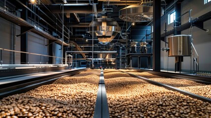 A wide shot of a factory floor filled with coffee beans, showcasing the industrial process of coffee production.