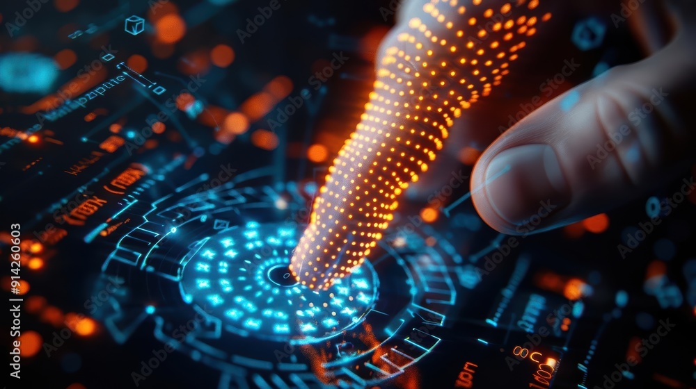 Poster a futuristic hand interacts with a digital interface, showcasing advanced technology through glowing