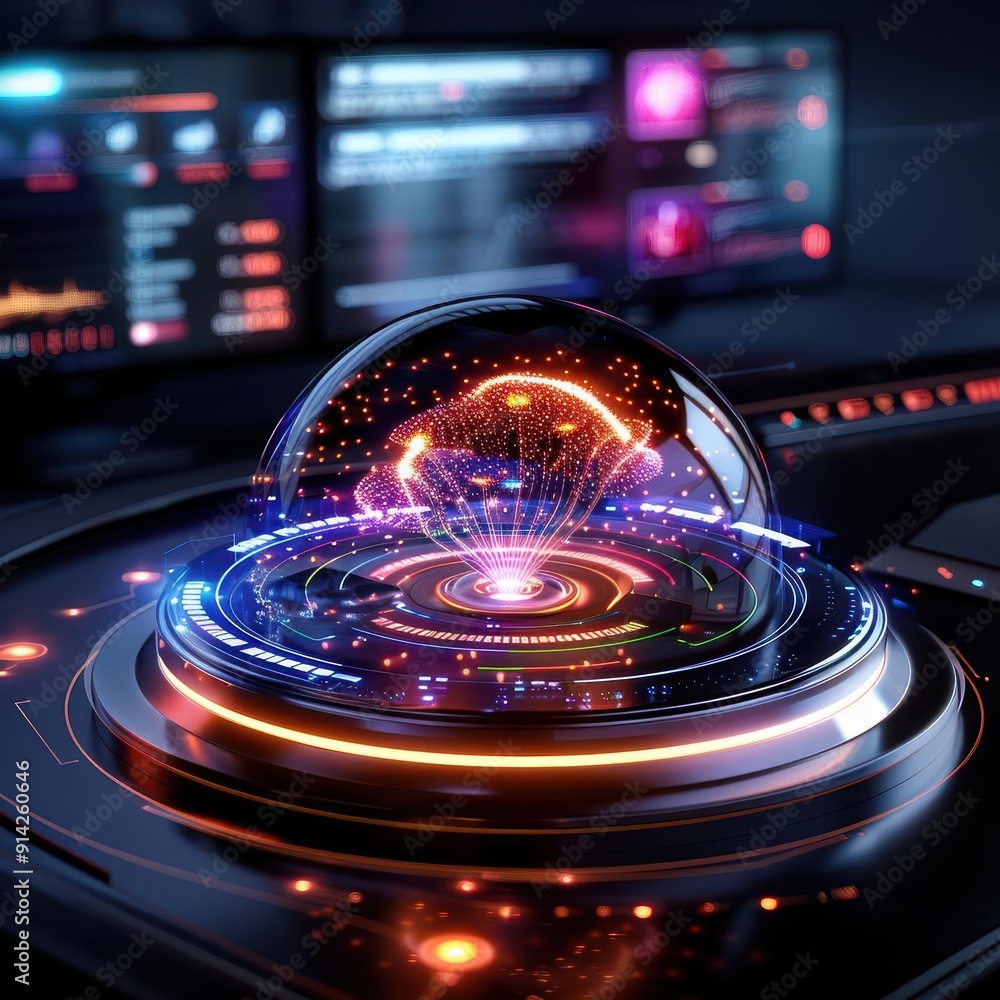 Poster a futuristic holographic interface displays vibrant data within a sleek, glowing orb. ideal for tech