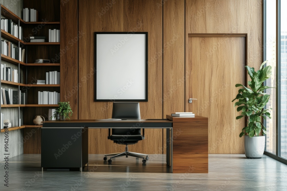 Poster a modern office room with a computer and shelf. a mockup frame of the set was created using adobe ph