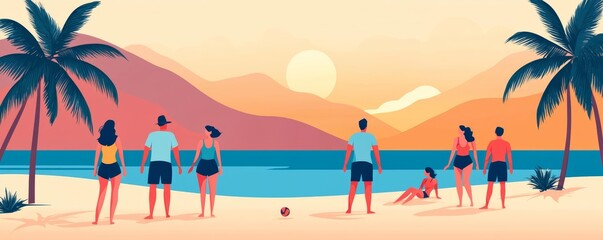 Beach scene, people playing volleyball and sunbathing, flat design illustration