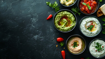 Assorted dips including guacamole, hummus, and tzatziki on a dark slate background