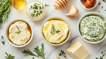 Assorted flavored butters including herb butter, garlic butter, and honey butter on a marble background
