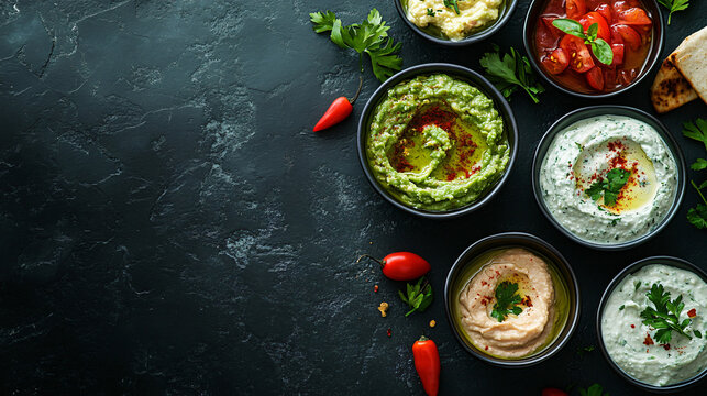 Assorted dips including guacamole, hummus, and tzatziki on a dark slate background