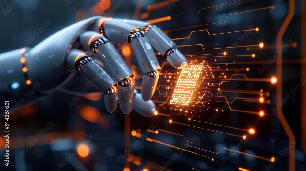 Poster a robotic hand interacts with a glowing circuit, symbolizing the fusion of technology and innovation