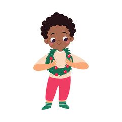 Boy Character with Wreath Celebrate Christmas Holiday at Winter Vector Illustration