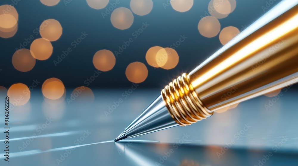 Poster close-up of a shiny pen poised to write on a smooth surface, with blurred bokeh lights in the backgr