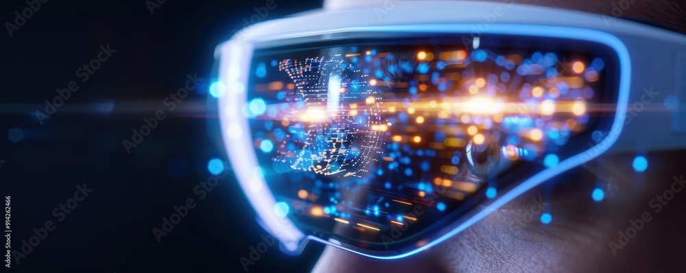 Poster close-up of futuristic augmented reality glasses displaying vibrant digital graphics and lights for 
