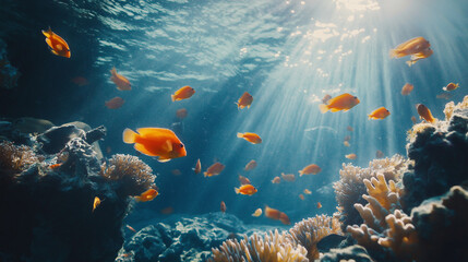 Naklejka premium Underwater scene with orange fish swimming among corals in sunlit ocean