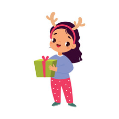Girl Character with Gift Box Celebrate Christmas Holiday at Winter Vector Illustration