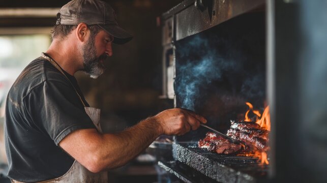A chef skillfully grills barbecue ribs over an open flame, showcasing culinary expertise in an outdoor kitchen.