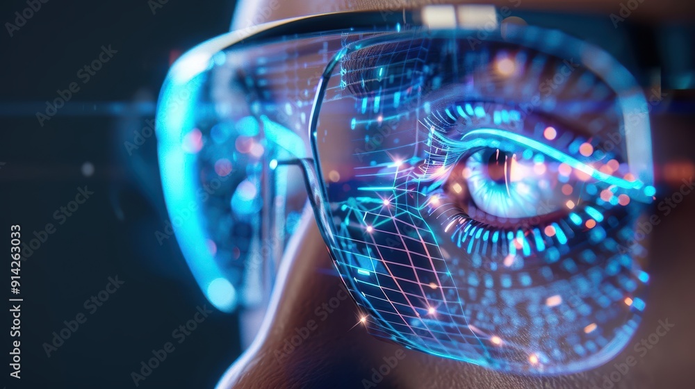 Poster futuristic glasses with digital interface display, showcasing advanced technology and innovation in 