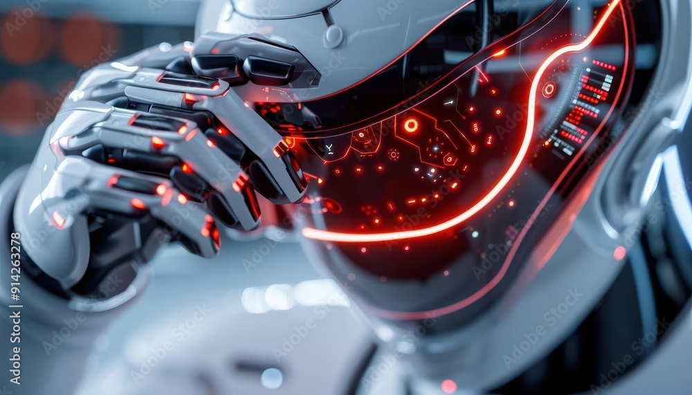 Poster futuristic robot with glowing visor exhibiting advanced technology and sleek design, showcasing inno