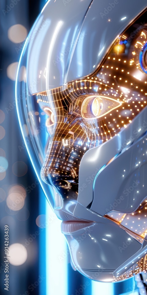 Poster futuristic robotic face with glowing lights and intricate circuitry, symbolizing advanced technology