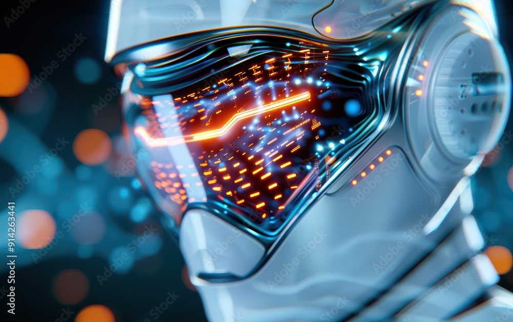 Aufkleber futuristic robotic face with glowing visor and intricate digital patterns, representing advanced tec