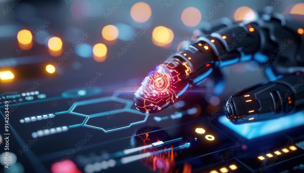 Poster futuristic robotic hand interacting with a digital interface, showcasing advanced technology and inn