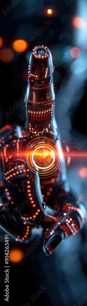 Poster futuristic robotic hand with glowing circuitry, symbolizing advanced technology and innovation in a 
