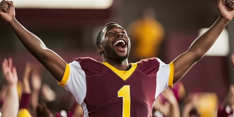Fototapeta premium african american fan cheering in stadium, blank maroon football jersey, white yellow trim, yellow number 