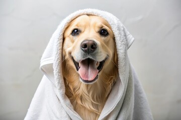 A golden retriever dog wrapped in a white towel after a bath,  smiling with a happy expression. The dog is clean and well-groomed, and the towel is soft and fluffy. This image is perfect for represent