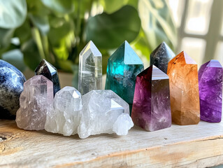 The vibrant energy of healing crystals radiates wellness, balancing mind, body, and spirit. Perfect for alternative medicine, spiritual practices, and holistic health. AI.