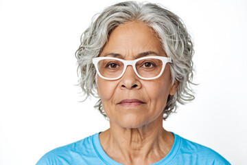 Fototapeta premium Close-up Portrait of an Older Woman with Silver Hair and White Glasses
