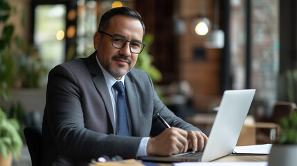 copy space, stockphoto, hispanic Busy mature business man, middle aged professional executive manager lawyer wearing suit writing notes watching online webinar, using laptop