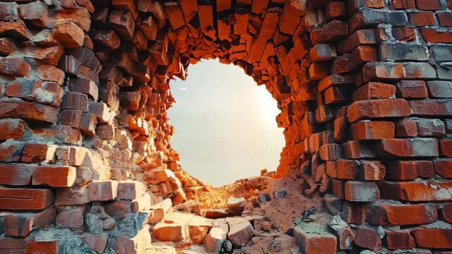 Brick wall with hole and dramatic sky, historical ruin and architectural detail concept