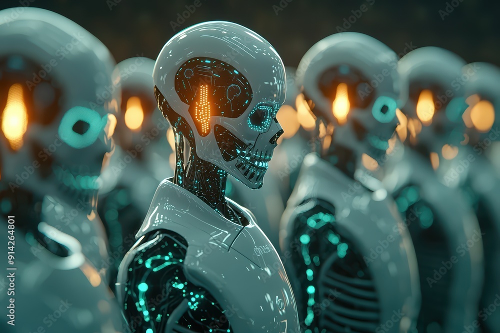 Poster futuristic robot silhouettes display advanced technology with glowing elements in a captivating arra
