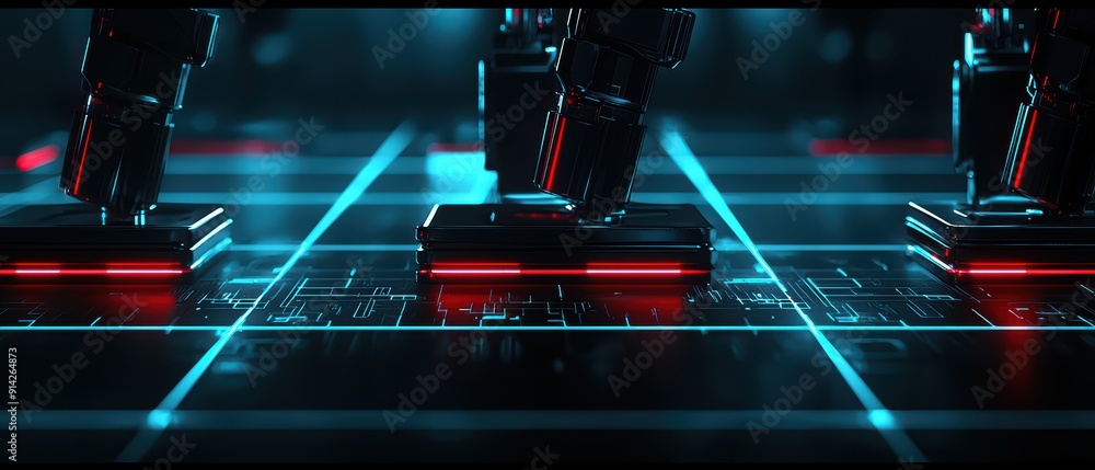 Poster futuristic robotic feet on a glowing circuit board, showcasing advanced technology and intricate des