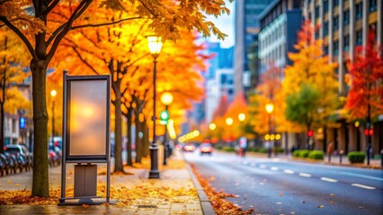 A city street lined with vibrant autumn foliage, featuring a blank billboard for advertisement, symbolizing opportunity, growth, change, and urban life.