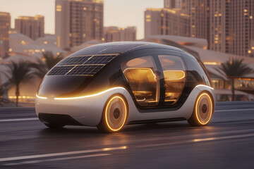 Fototapeta premium Futuristic solar car on city road during sunset, showcasing innovative design and advanced technology in urban transportation.