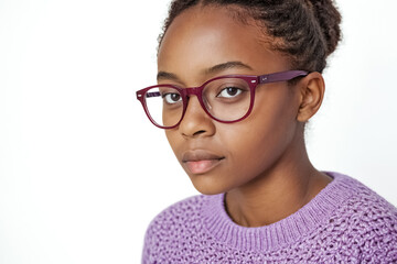 Fototapeta premium Close-up Portrait of a Young Black Woman Wearing Glasses and a Purple Sweater