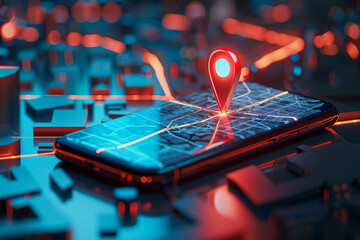 Location Pin on Smartphone Screen with City Map.