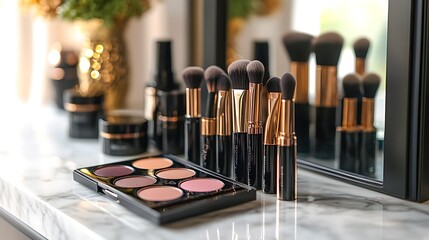 A neatly arranged set of makeup brushes and a palette of eyeshadows are placed on a luxurious marble counter, perfect for a beauty tutorial, makeup artist, or cosmetics advertisement,
