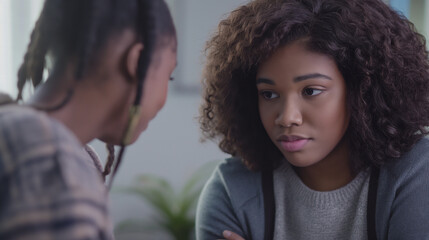 Obraz premium Two Young Women Having a Serious Conversation Indoors