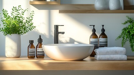 Modern bathroom counter with white sink, brown bottles, and fresh green plants, perfect for promoting home decor, wellness, and spa products,