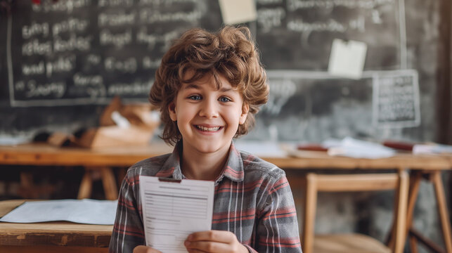 Happy Young Boy Holding Report Card in Classroom