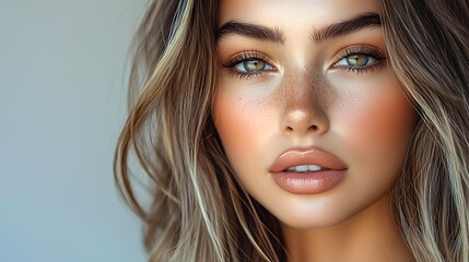 Fototapeta premium A close-up portrait of a woman with flawless makeup, natural freckles, and wavy hair, perfect for beauty and fashion promotions, skincare ads, or editorial content,