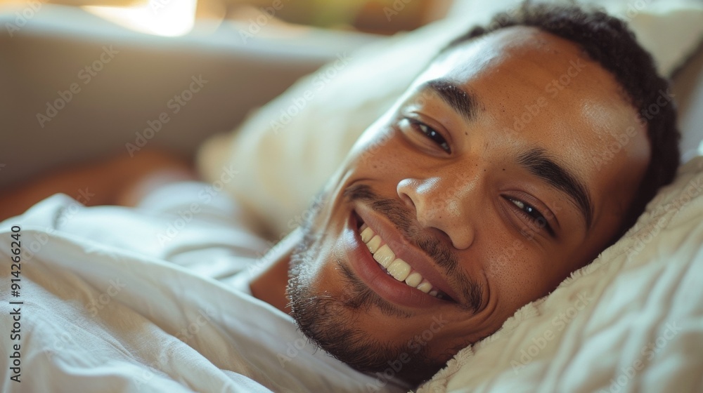 Wall mural A smiling man relaxes on a sofa in a bright, modern home, looking directly at the camera.