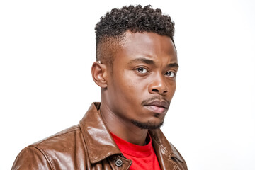 Obraz premium Portrait of a young African American man in a brown leather jacket
