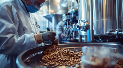 A worker in a white lab coat and gloves inspects a large batch of coffee beans in a factory setting.