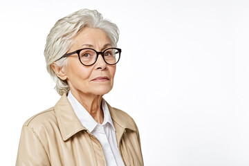 Fototapeta premium Senior Woman with Glasses Wearing Leather Jacket Looking to the Right