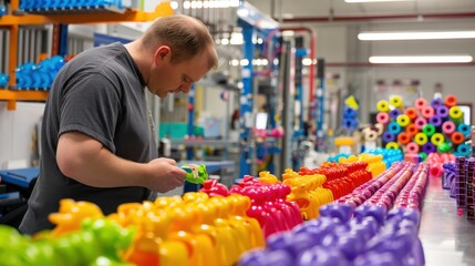 A worker inspects a line of colorful plastic toys in a factory.