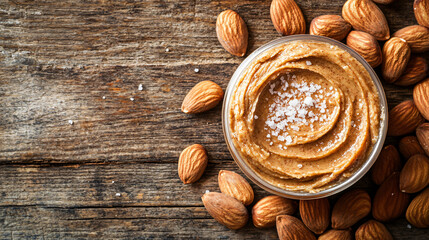 Golden-brown roasted almond butter with a sprinkle of sea salt on a rustic wooden table