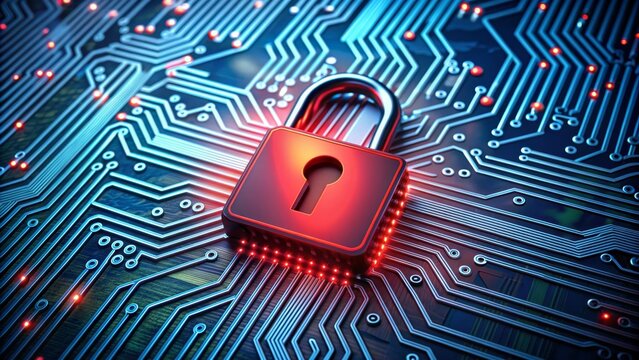 A red padlock sits on a circuit board, symbolizing digital security, data protection, privacy, encryption, and online safety.