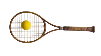 Vintage tennis racket and ball on transparent background 